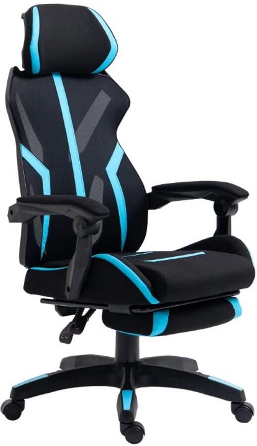 Corenia Ergonomische Bureaustoel – Bureaustoel – Kantoorstoel – Werkstoel – Gamingstoel – Verstelbare Rugleuning – Uittrekbare Voetensteun 65 x 65x 119-129 cm Zwart & Blauw