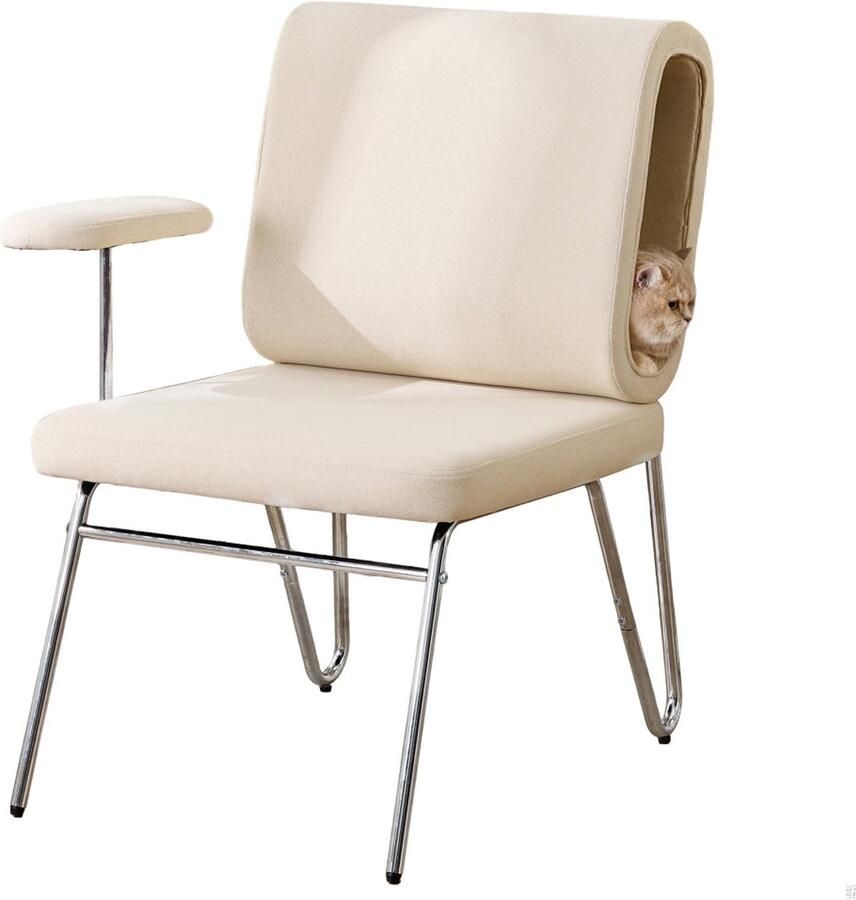 Corenia Ergonomische Bureaustoel – Bureaustoel met Kattenbed – Thuiswerkstoel – Bureaukruk – Werkstoel – Geïntegreerd Kattenbed – Krasbestendige Stof – Stalen Frame & Houten Poten – Beige
