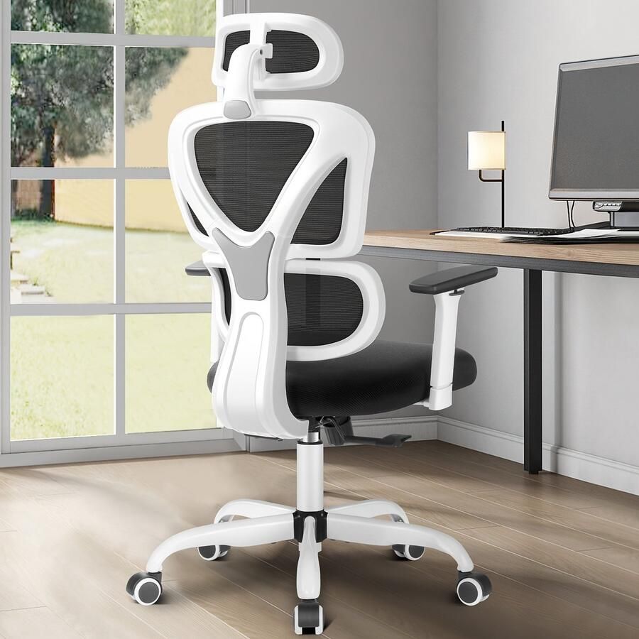 Corenia Ergonomische Bureaustoel – Bureaustoel Met Rugsteun – Computerstoel – Office Chair – Gaming Stoel – 3D Verstelbare Armleuningen – Carbonstaal Frame – Wit – Stil Rollend