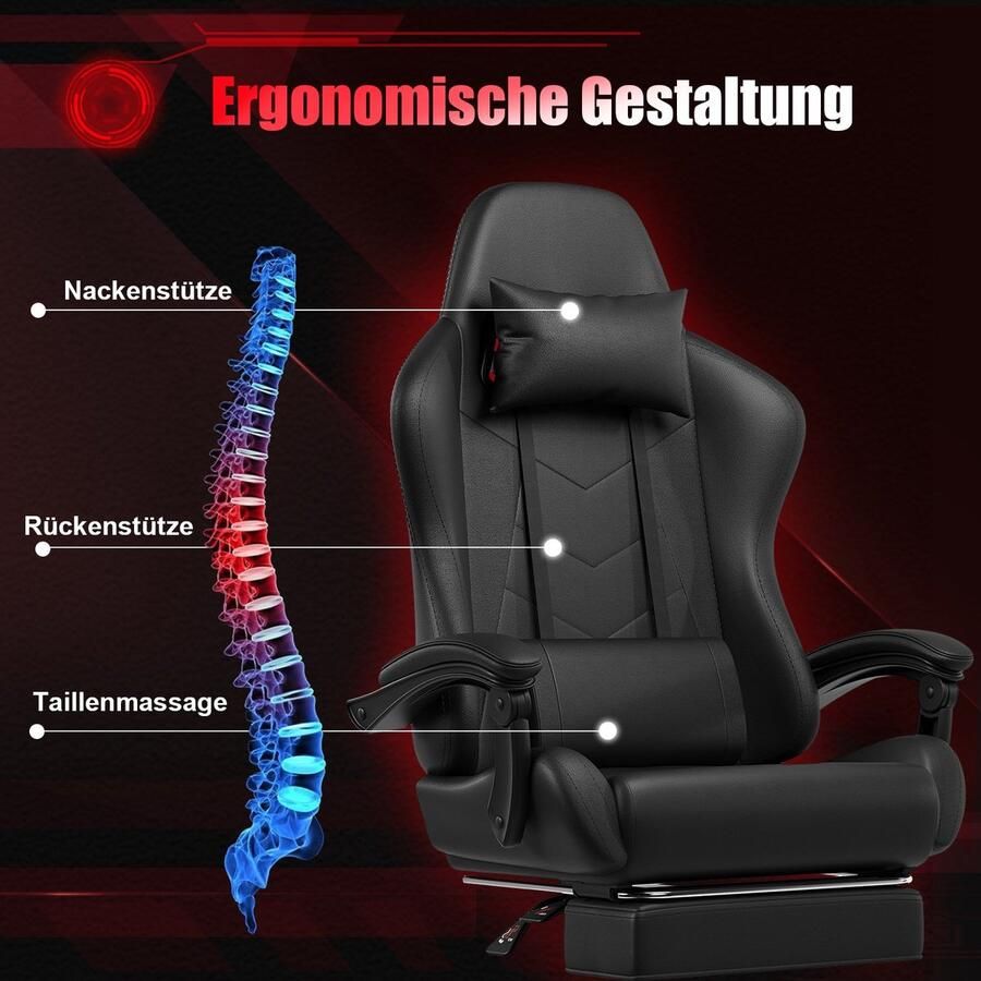 Corenia Ergonomische Gamingstoel – Bureaustoel – Office Chair – Esports Stoel – Gamedraaistoel – Zwart Kunstleer – Massagekussens – Handmatige Verstelbare Rugleuning