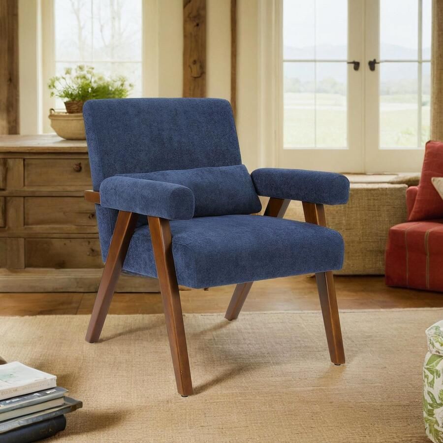 Corenia Fauteuil – Accentstoel – Relaxstoel – Loungefauteuil – Zithoekstoel – Massief Houten Frame – Comfortabele Katoenen Bekleding – Inclusief Rugkussen – Blauw