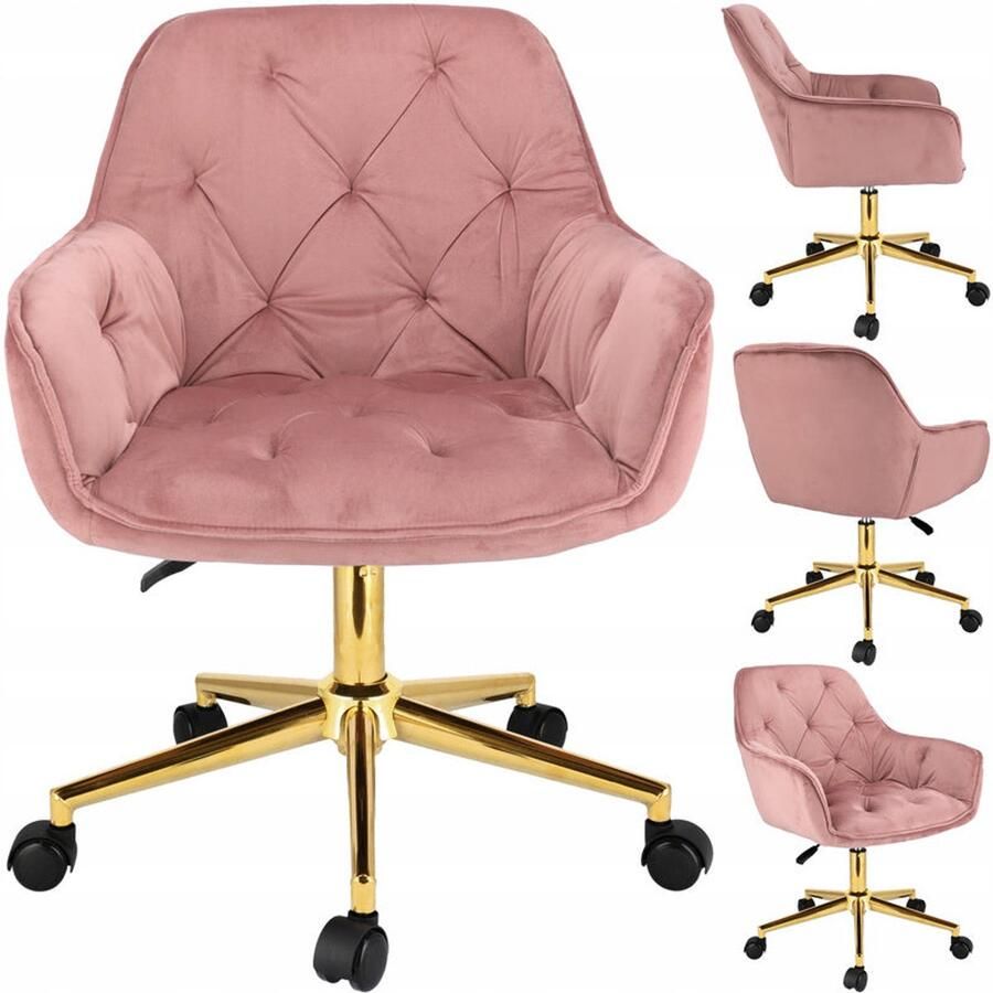 Corenia Fauteuil – Draaistoel – Bureaustoel – Werkstoel – Relaxstoel – Roze Velours – Goud Metalen Onderstel – Verstelbare Hoogte 40-50 cm – Draagvermogen 120 kg
