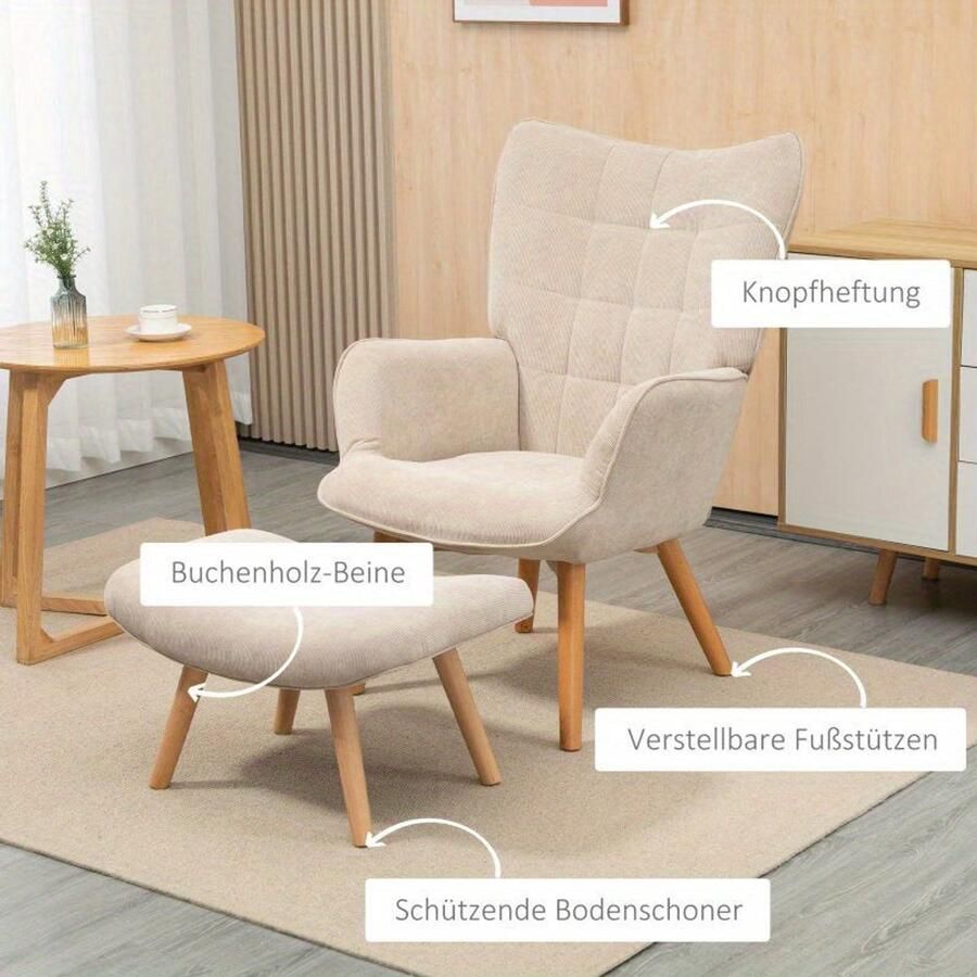 Corenia Fauteuil – Relaxfauteuil – Loungestoel – Zetel – Armstoel – Beige – Ademend Zacht Stof – Stevig Stalen Frame Met Houten Poten