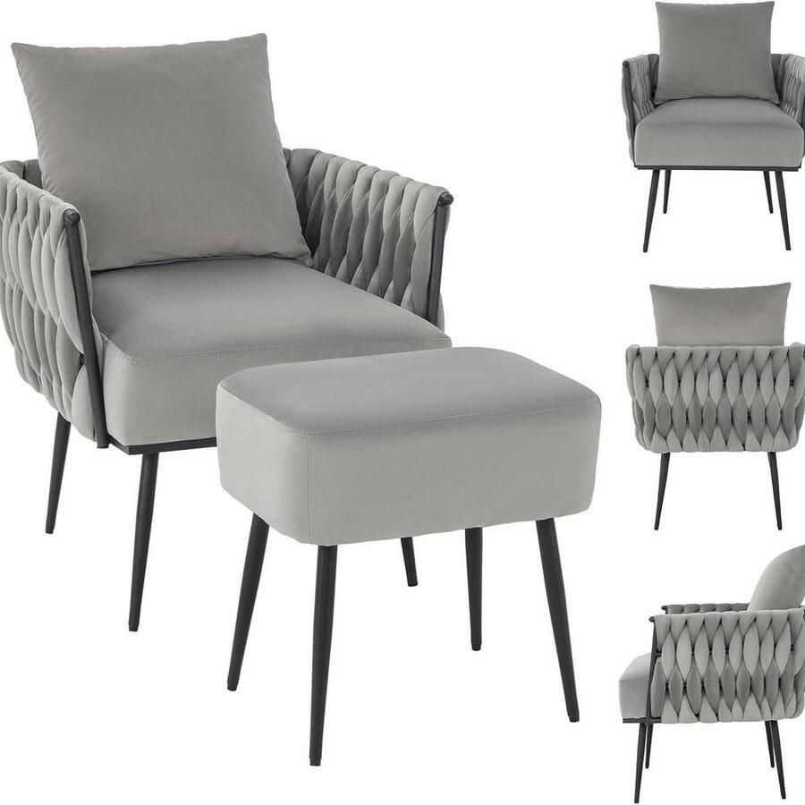 Corenia Fauteuil – Relaxstoel – Leesstoel – Loungefauteuil – Tv-stoel – Grijs Velours – Met Hocker – Ergonomische Halfronde Rugleuning