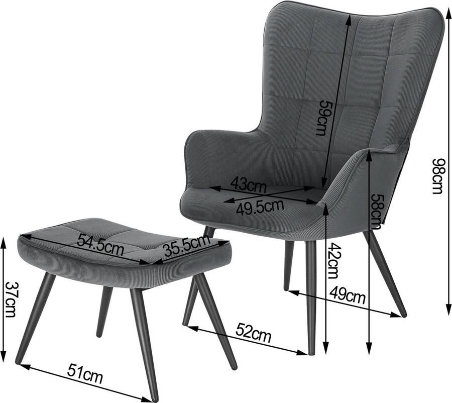 Corenia Fauteuil – Relaxstoel – Leunstoel – Zitstoel – Voetenbank – Corduroy Bekleding – Verstelbaar Metalen Frame