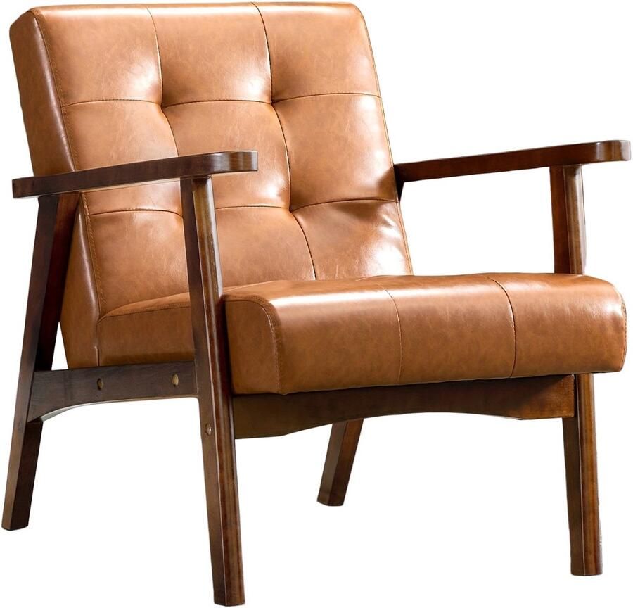 Corenia Fauteuil – Relaxstoel – Loungefauteuil – Leunstoel – Draaifauteuil – Mid-Century Modern – Kunstleer – Massief Houten Frame – Ergonomische Armleuningen – Comfortabele Schuimvulling – Karamelbruin Wafelpatroon