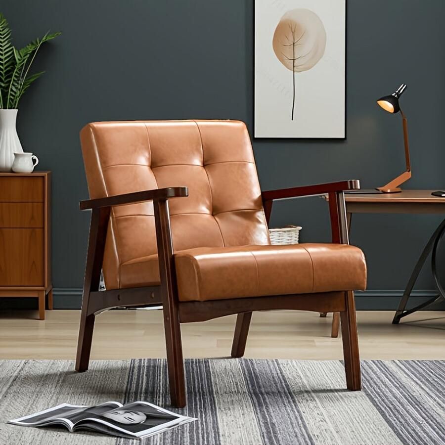 Corenia Fauteuil – Stoel – Loungefauteuil – Relaxstoel – Draaifauteuil – Ergonomisch Design – Stevig Houten Frame – Vintage Karamelbruin – Dikke Schuimvulling – Faux Leren Bekleding