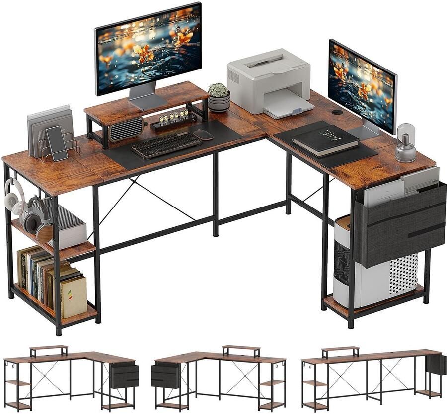 Corenia Gamingbureau – Bureau – Computertafel – Werkplekmeubel – Hoekbureau – Rustic-Brown – Ergonomische Monitorstandaard – Verstelbare Hoekopstelling 168 of 240 cm