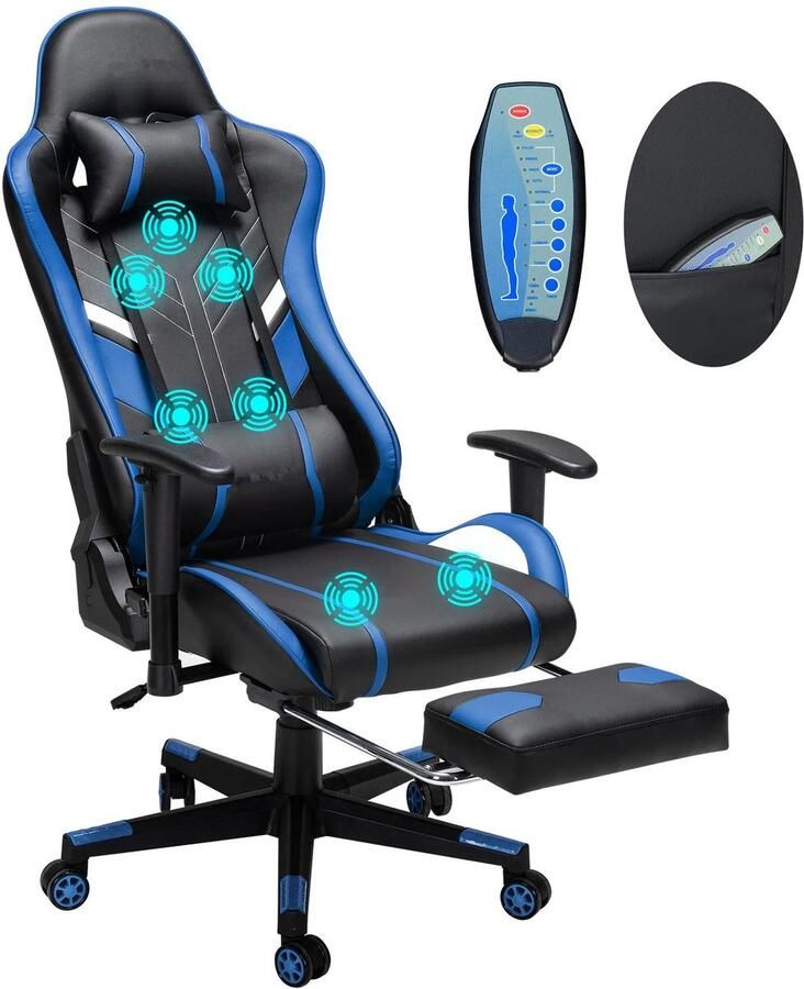 Corenia Gamingstoel – Bureaustoel – Gamestoel – Massagestoel – Ergonomische Stoel – Massagefunctie Nek En Rug – Verstelbare Hoofdsteun En Voetensteun Zwart & Blauw
