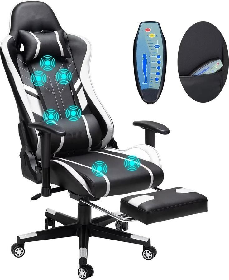 Corenia Ergonomische Gaming Bureaustoel – Comfortabele Stoel – Draaistoel – Bureaustoel Met Massage – Gamestoel – Verstelbare Rugleuning 175° – PU Leer Met Massagefunctie Zwart & Wit