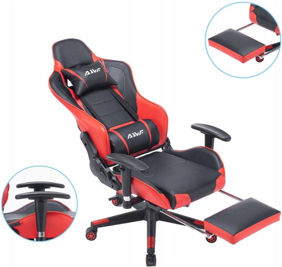 Corenia Gamingstoel – Bureaustoel – Gamestoel – Racestoel – Rood – Verstelbare Rugleuning – Uitschuifbare Voetensteun – Kunstleer met Memory Foam