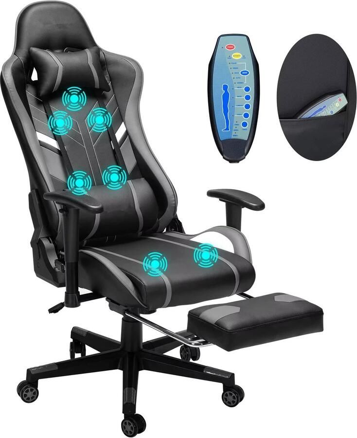 Corenia Gamestoel – Gaming Stoel – Bureaustoel – Comfortstoel – Massage Stoel – Massagefunctie Nek & Rug – Verstelbare Rugleuning 175° Zwart & Grijs