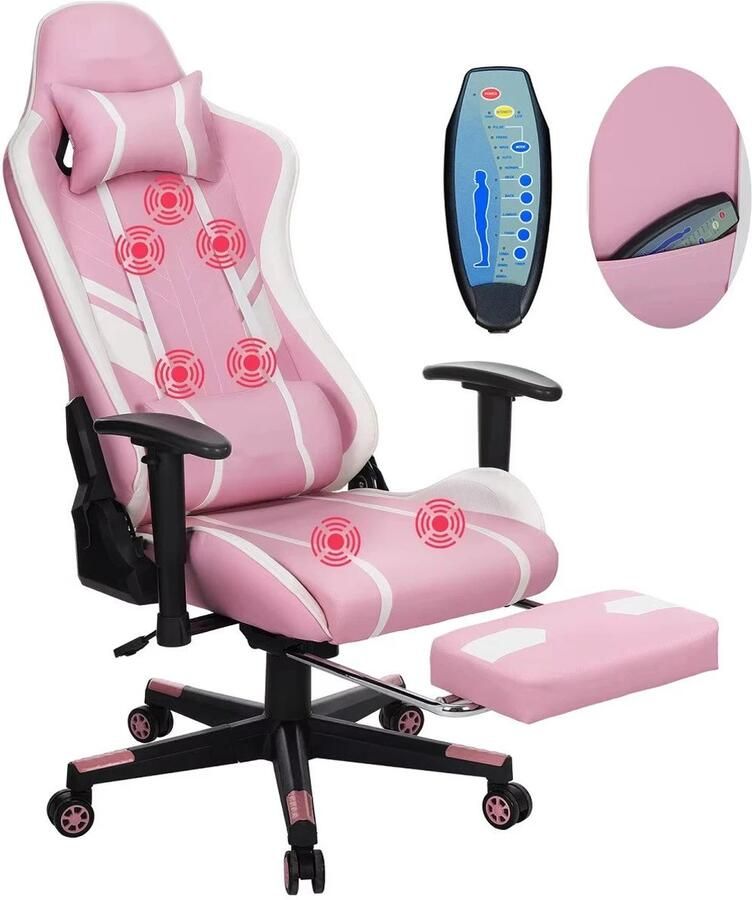 Corenia Gamingstoel – Bureaustoel – Massagestoel – Gamestoel – Office Chair – Verstelbaar tot 175° – Geïntegreerde Massagefunctie met 5 Modi Wit & Roze