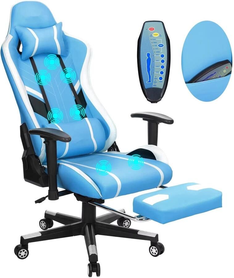 Corenia Gamingstoel – Bureaustoel – Massagestoel – Relaxstoel – Office Chair – Ingebouwde Massagefunctie – Verstelbare Rugleuning 175° Blauw-Wit