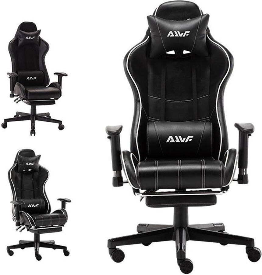 Corenia Gamingstoel – Game Stoel – PC Stoel – Bureaustoel – Racestoel – Ergonomische Lendensteun – Verstelbare Rugleuning met Voetensteun – Zwart Wit PU Leder
