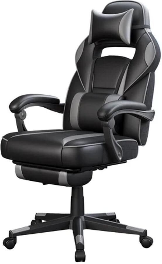 Corenia Gamingstoel – Gamestoel – Bureaustoel – Game Chair – Ergonomische Stoel – Verstelbare Rugleuning – Telescopische Voetensteun – Max Belastbaarheid 150 kg – Zwart-Grijs