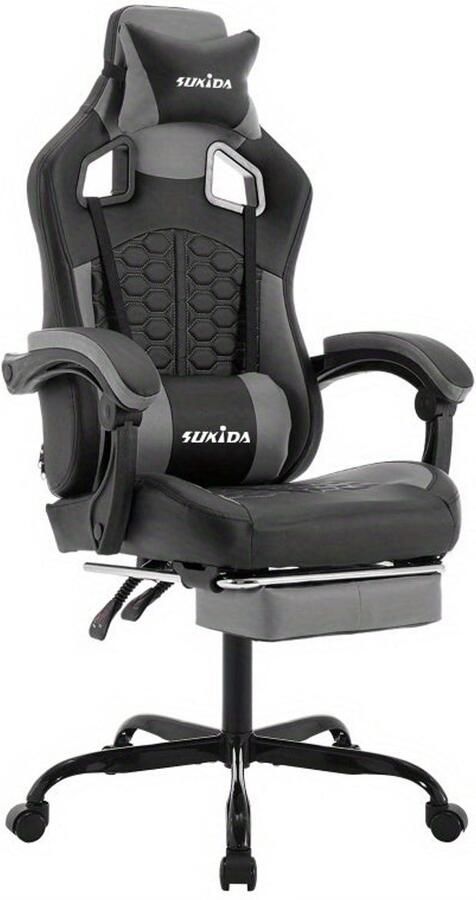 Corenia Gamingstoel – Gamestoel – Gaming Chair – Game Stoel – Bureaustoel – Ergonomisch – Verstelbare Lendensteun & Hoofdsteun – Met Metalen Frame & Voetensteun Grijs en Zwart
