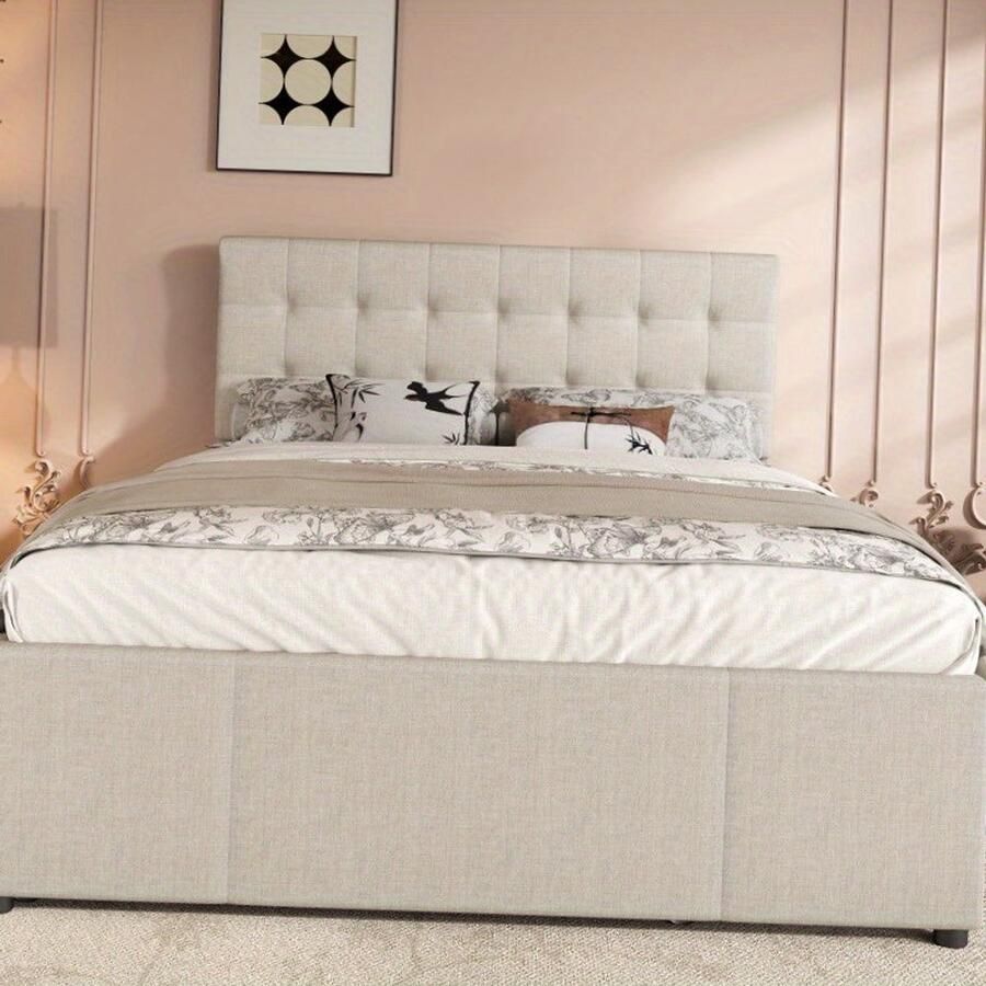 Corenia Gestoffeerd Tweepersoonsbed – Double Bed – Familiebed – Huwelijksbed – Opbergbed – 140x200 cm – Verstelbaar Hoofdbord – Beige Bekleding - Foto 2