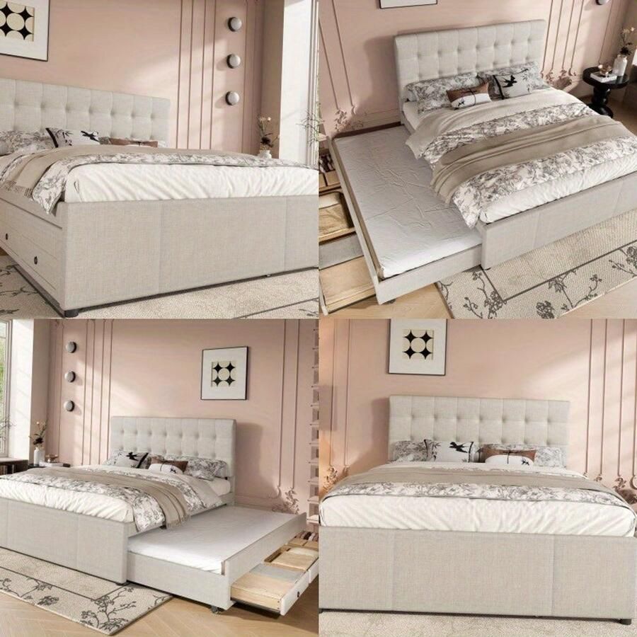 Corenia Gestoffeerd Tweepersoonsbed – Double Bed – Familiebed – Huwelijksbed – Opbergbed – 140x200 cm – Verstelbaar Hoofdbord – Beige Bekleding