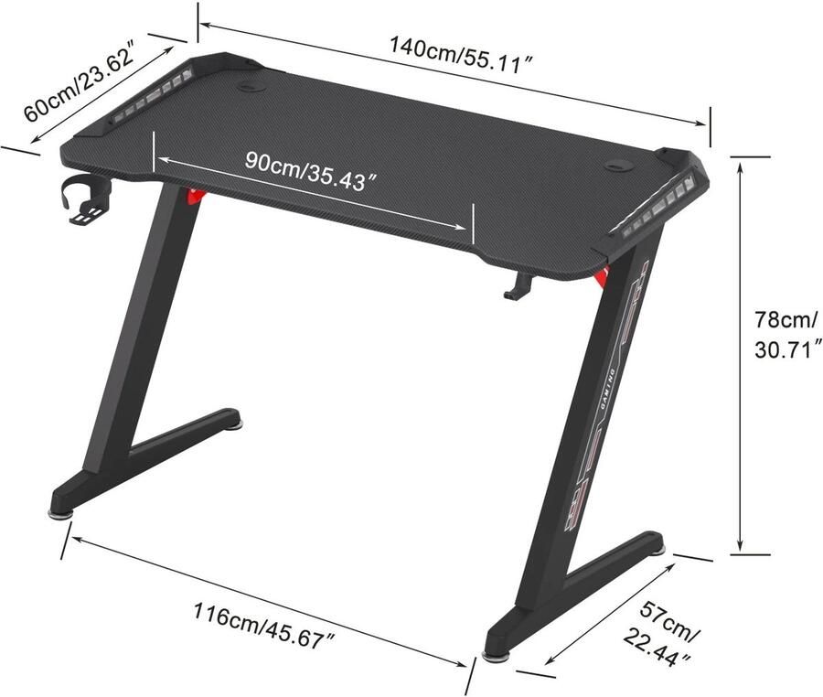 Corenia Groot Laptopcomputerbureau Rechthoekig Staand Bureau 55 11 x 23 62 x 30 71 Inch Z-Vormig Gaming en Thuiskantoor In Hoogte Verstelbaar PC-Bureau Zwart