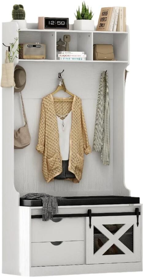 Corenia Halboom – Kapstok – Schoenenrek – Zitbank – Opbergmeubel – 6 Haken – Duurzaam Hout Wit