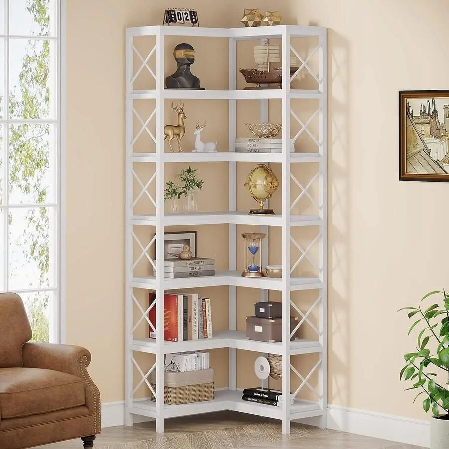 Corenia Hoekboekenkast – Hoekkast – Boekenkast – Opbergkast – L-vormig – 7 Planken – MDF Metalen Frame