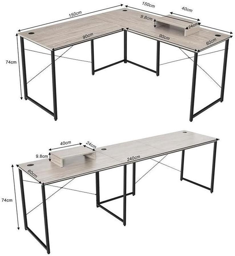 Corenia Hoekbureau – Bureau – Werkplek – Computertafel – Bureauhoek – Grijs – 150x150 cm – Robuust Metalen Frame – Ergonomische Monitorstandaard