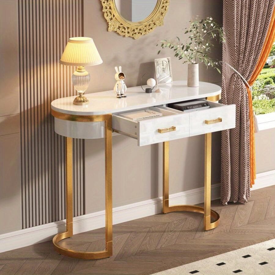 Corenia Hoge Bijzettafel – Sidetable – Bijzettafel – Opbergtafel – ConsolTafel – Wit Hoogglans Met Gouden Accenten – 100x40x76 cm – 2 Opbergrekken