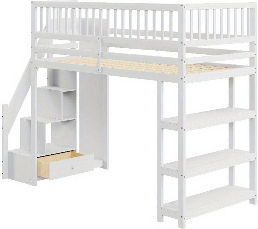Corenia Hoogslaper – Eenpersoonsbed – Stapelbed – Kinderbed – Opbergbed – 90 x 200 cm – Geïntegreerde Kledingkast – Veiligheidsladder