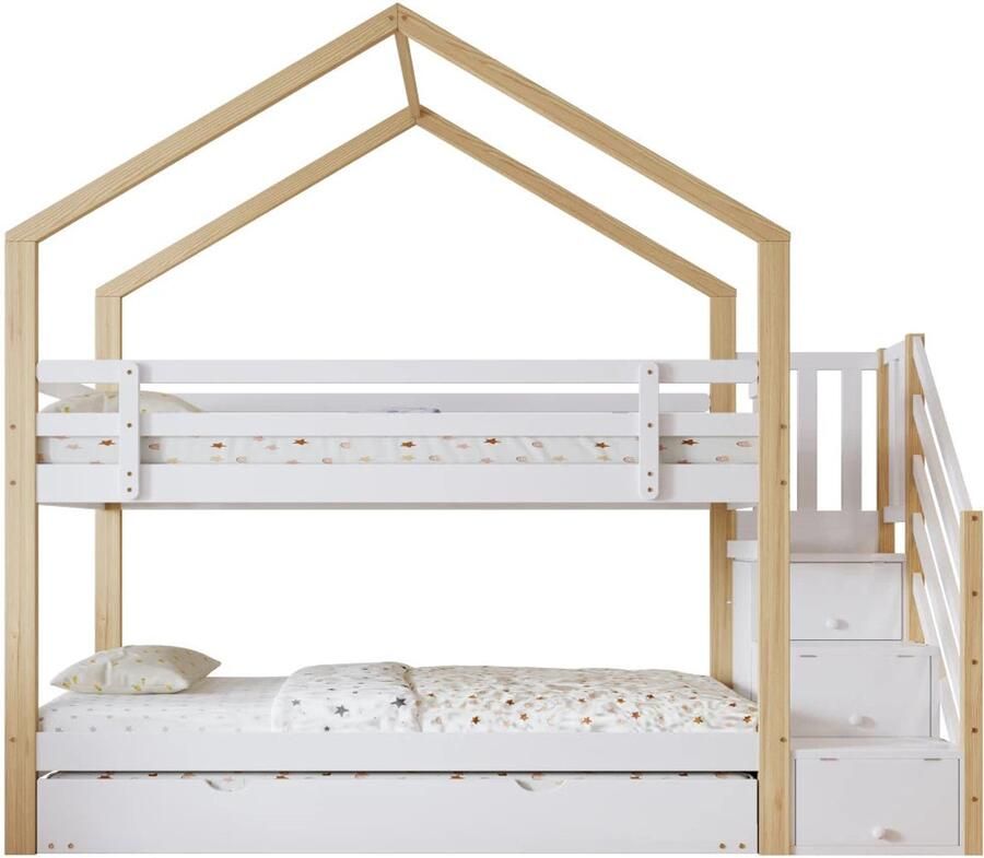 Corenia Hoogslaper Hout – Etagenbed – Kinderbed – Stapelbed – Uitschuifbed – Met Opbergruimte – Massief Mahoniehout – Geschikt Voor 3 Slaapplaatsen