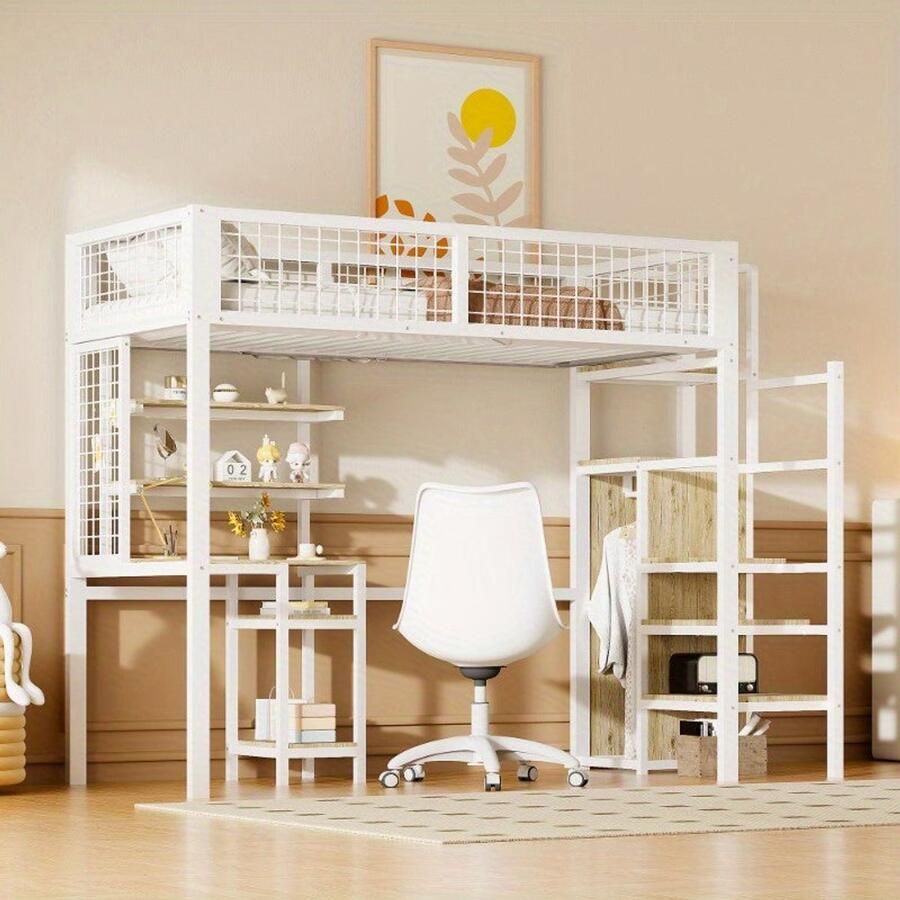 Corenia Hoogslaper – Kinderhoogslaper – Stapelbed – Eenpersoonsbed – Kinderbed – Met Veiligheidsladder – Metalen Kledingkast en Wit Bureau – 90x200 cm – Ruimtebesparend Design