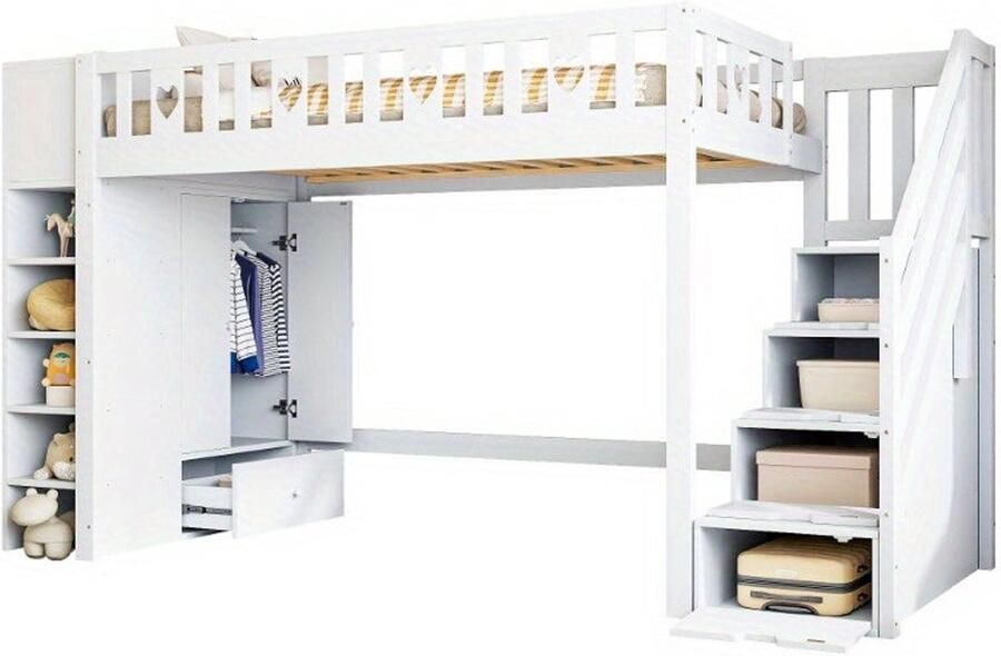 Corenia Hoogslaper – Opklapbaar Bed – Stapelbed – Kinderbed – Eenpersoonsbed – Wit Gelakt – Hartvormige Beveiliging – Opbergladder Met Planken – 90x200 cm – Zonder Matras