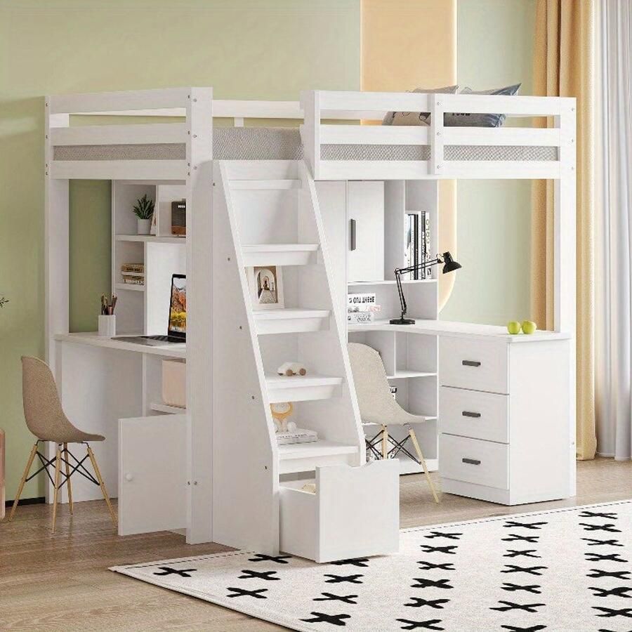 Corenia Hoogslaper – Stapelbed – Bedbank – Kinderbed – Eenpersoonsbed – Met Bureau en Opbergruimte – Stevig Wit Frame – 200 cm Hoog