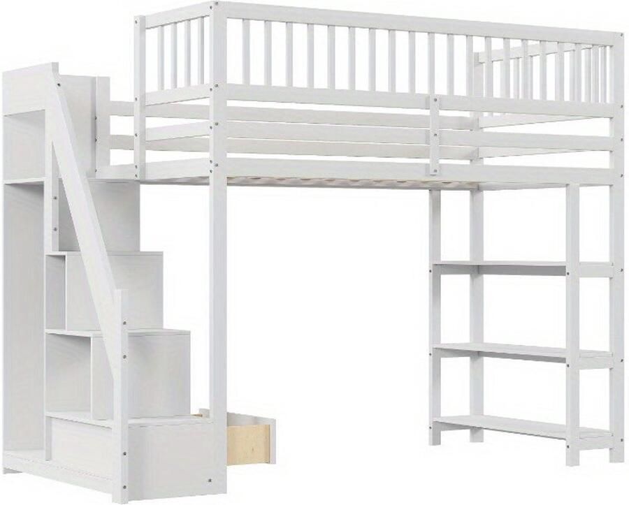 Corenia Hoogslaper – Stapelbed – Eenpersoonsbed – Kinderbed – Bed met Opbergruimte – 90 x 200 cm – Veiligheidsladder – Witte Multifunctionele Hoogslaper met Kast en Planken