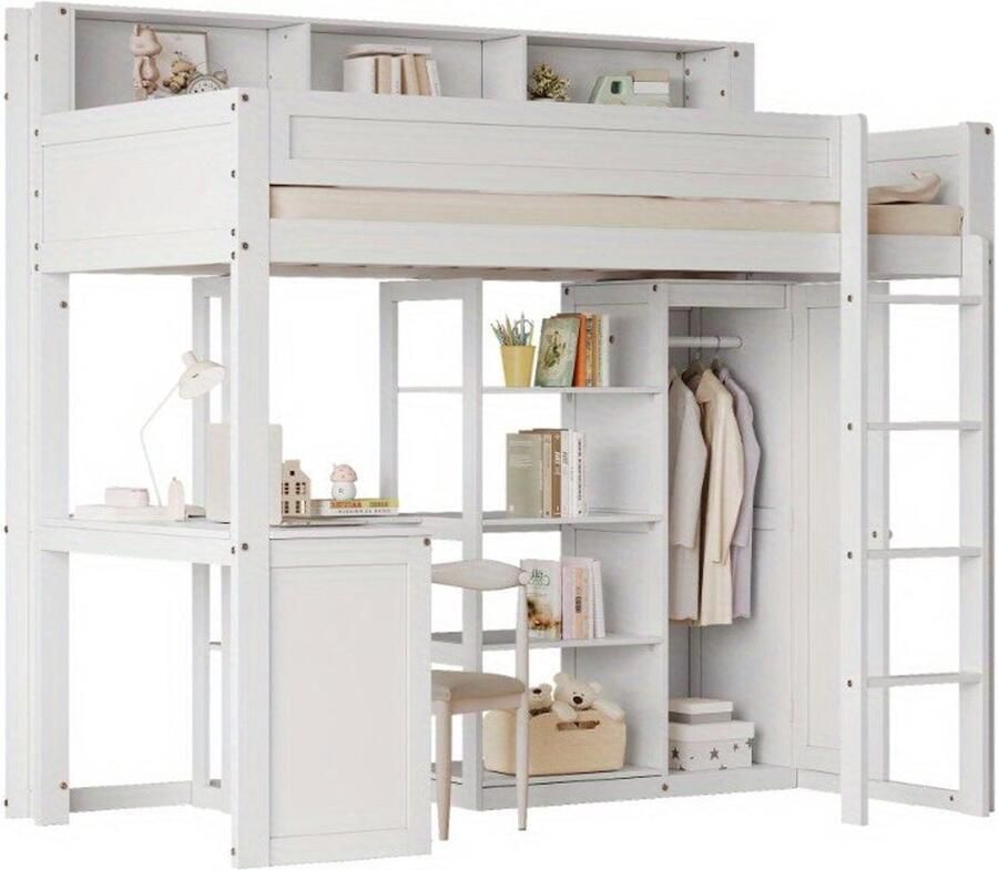 Corenia Hoogslaper – Stapelbed – Kinderbed – Eenpersoonsbed – Multifunctioneel Bed – Ingebouwd Bureau & Kledingkast – Ruimtebesparend Ontwerp – Stevig Wit Hout 90x200 cm