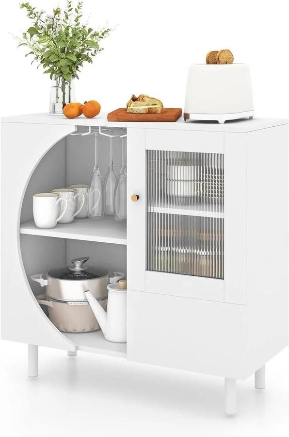 Corenia Houten Buffetkast met 3 Deuren – Dressoir met Metalen Poten Open Rek & Wijnglashouder 80 x 30 x 80 cm voor Eetkamer Keuken of Woonkamer – voor 6–8 Glazen