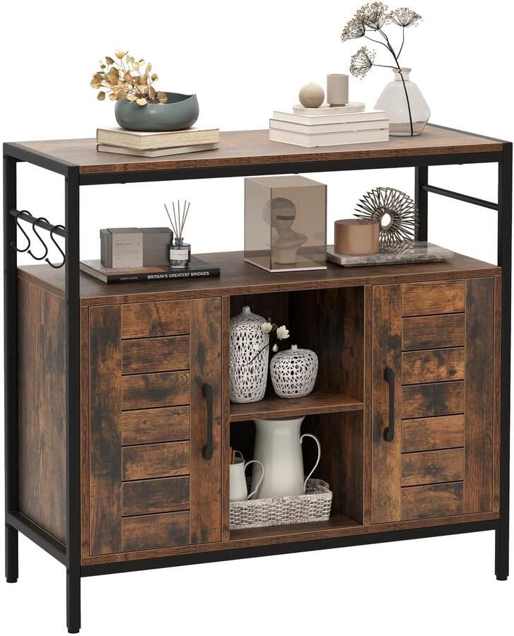 Corenia Houten Dressoir – Sideboard – Keukenkast – Buffetkast – Opbergkast – Industrieel – Verstelbare Planken – Inclusief 3 Haken – Bruin Zwart