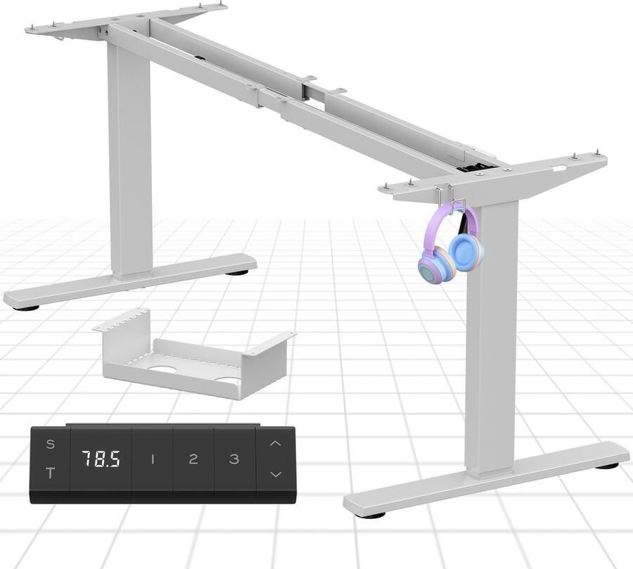 Corenia In hoogte verstelbaar bureauframe – Zit sta bureauframe – Verstelbaar bureau onderstel – Ergonomisch bureau frame – Bureauonderstel met beensteun – Verstelbare hoogte 73-122 cm – Verstelbare lengte 80-140 cm – Robuust grijs ijzer