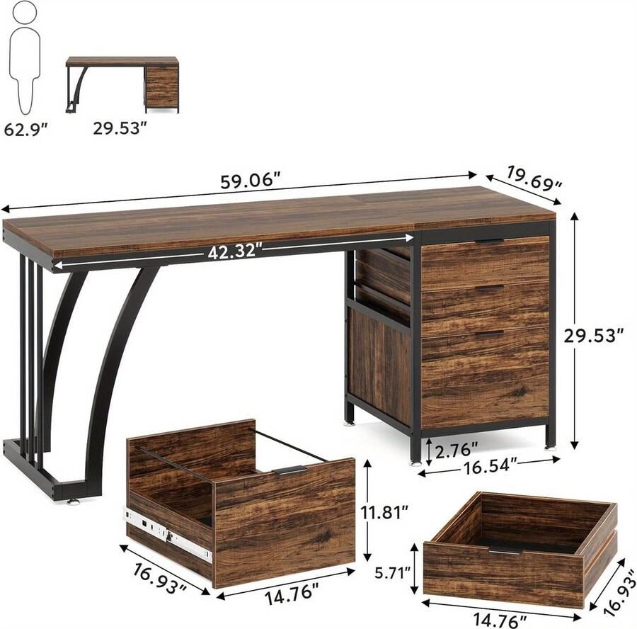 Corenia Industrieel Bureau – Werkplek – Computertafel – Schrijftafel – Bureau Met Laden – Ruim Werkblad 150 cm – Verstelbare Laden En Stabiel Frame