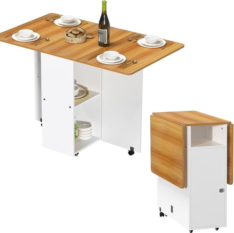 Corenia Inklapbare Eettafel – Opklapbare Tafel – Uitklapbare Tafel – Compacte Tafel – Verrijdbare Tafel – Met Wieltjes – Ruimtebesparend Ontwerp – Ingebouwde Opbergruimte – Wit Met Houten Accenten – 120x70x78 cm