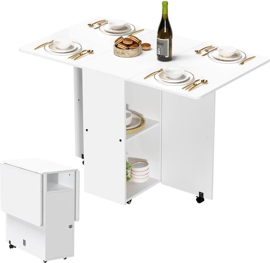 Corenia Inklapbare Eettafel – Opklapbare Tafel – Vouwtafel – Verplaatsbare Tafel – Compacte Tafel – Met Wieltjes – Ingebouwde Opbergruimte – 120x70x78 cm – Wit