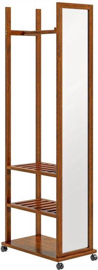 Corenia Kapstok – Garderoberek – Staande Kapstok – Kledingrek – Wandkapstok – Walnootkleur – Twee Niveaus Opslag – Volledige Lengte Spiegel – Mobiel op Wieltjes – Eenvoudige Montage