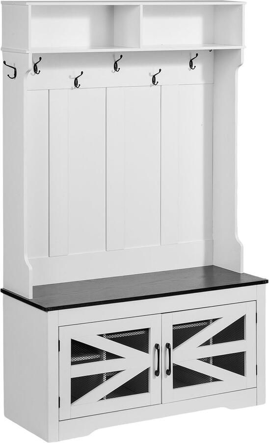 Corenia Kapstok – Halmeubel – Garderoberek – Staande Kapstok – Schoenenrek – Wit Hout – 7 Haken – Zitbank Draagkracht 90 kg