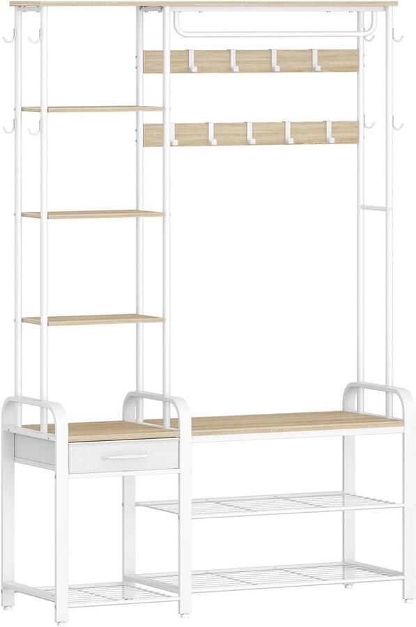 Corenia Kapstok – Kledingrek – Schoenenrek – Garderobe – Halmeubel – 5-in-1 Multifunctioneel – 17 Haken & 3-Vaks Schoenenbank – Golden Oak Wit