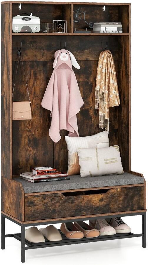 Corenia Kapstok met Zitbank Schoenenkast en 3 Haken – Garderoberek met Open Vakken 4-in-1 90 x 38 5 x 170 cm Halgarderobe met Zitkussen