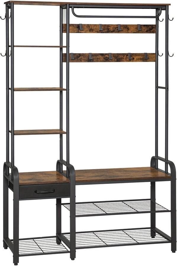Corenia Kapstok – Staande Kapstok – Garderoberek – Schoenenrek – Wandkapstok – 5-in-1 Multifunctioneel – Hout Met Metaal – 17 Haken – Schoenbank Met Lade – 120x40x182 cm – Bruin Zwart