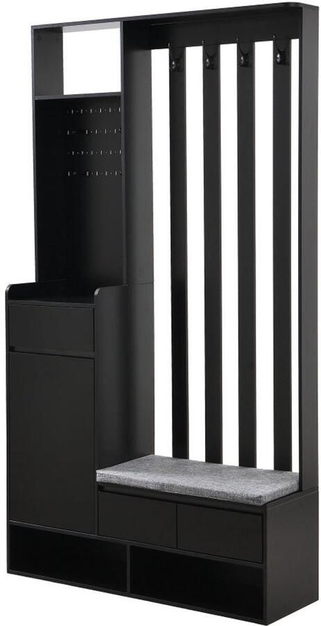 Corenia Kapstokkast – Garderobekast – Halmeubel – Schoenenkast – Staande Kapstok – Modern – Multifunctioneel – MDF & Hardhout – Gestoffeerde Opbergbank – 180x100x35 cm – Zwart – 4 Metalen Haken – Opberglades & Planken