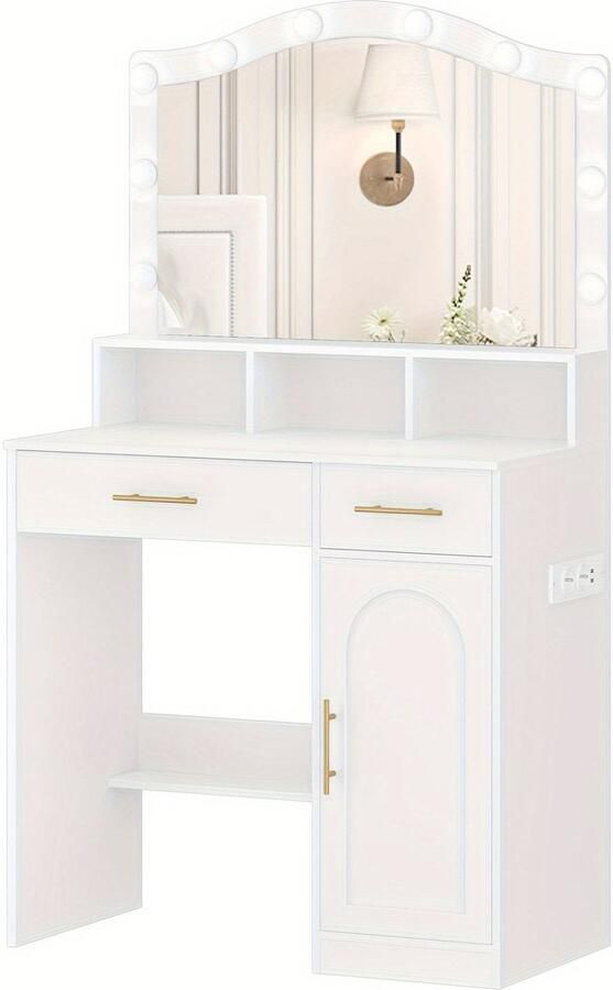 Corenia Makeuptafel – Kaptafel – Cosmeticatafel – Vanitafel – Schminktafel – Wit – LED-Verlichting – Oplaadstation – 2 Laden – 1 Kastje – Gouden Handgrepen – Spaanplaat