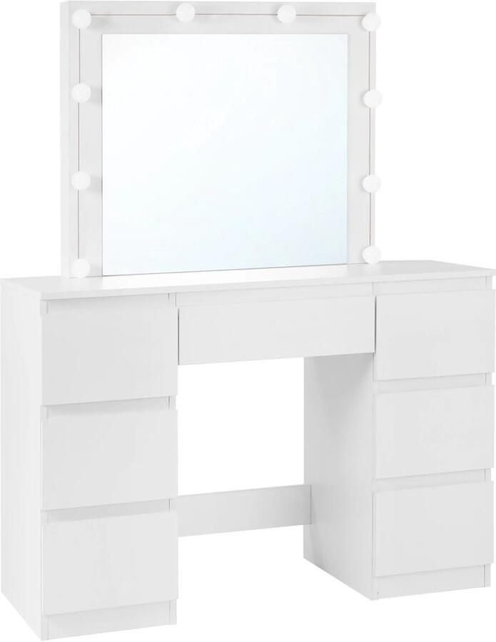 Corenia Kaptafel – Make-Up Tafel – Beautytafel – Schminktisch – LED-Verlichting – 7 Laden – Waterafstotend Hout Wit