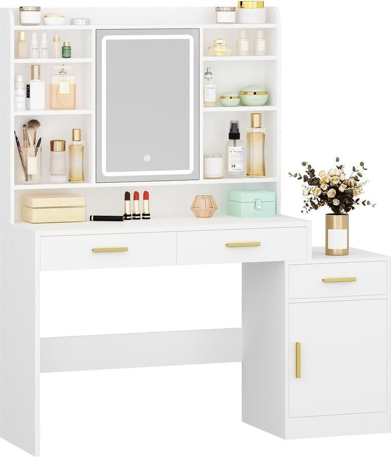 Corenia Kaptafel – Make-up Tafel – Cosmetica Tafel – Opmaaktafel – Vanity – Groot Werkblad 130 cm – LED Spiegel Met 3 Lichtstanden